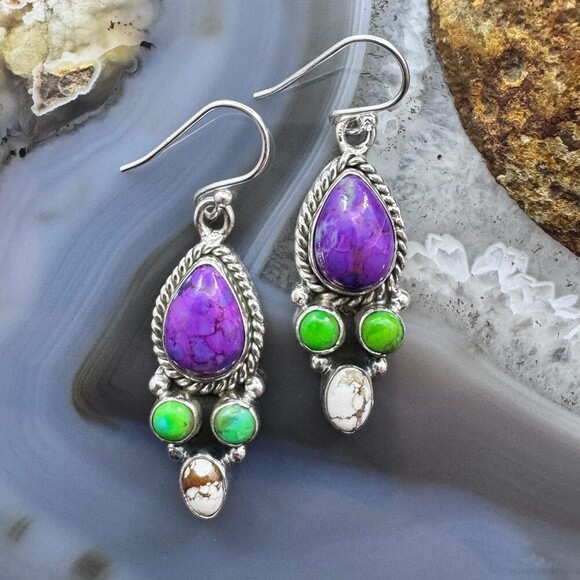 Sterling Southwestern Style Multistone Cluster Dangle Earrings For Women #2 - Picture 1 of 10